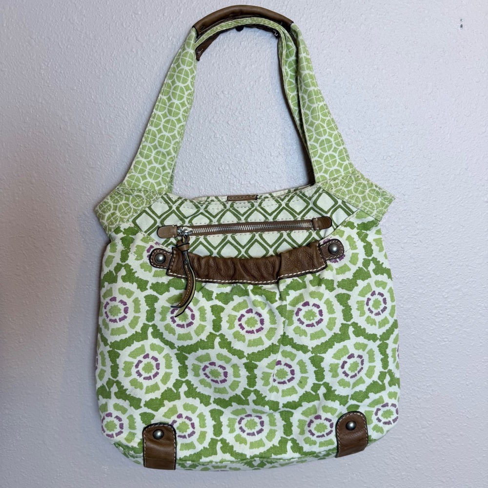 Fossil Canvas Hobo Bag Green White Geometric Floral Leather Trim Shoulder Bag